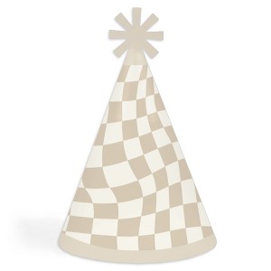 Big Dot of Happiness Tan Checkered Party - Cone Happy Birthday Party Hats for Kids and Adults - Set of 8 (Standard Size) - 1 of 4