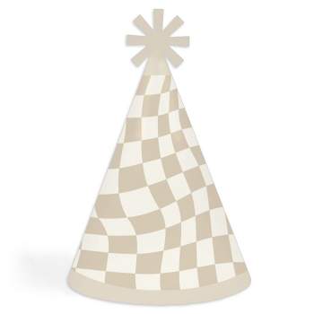 Big Dot of Happiness Tan Checkered Party - Cone Happy Birthday Party Hats for Kids and Adults - Set of 8 (Standard Size)