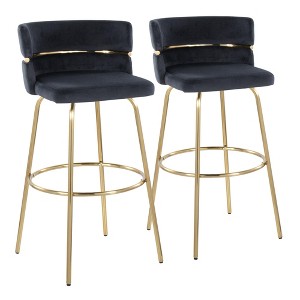 30" Glam/Art Deco Fixed-Height Barstool with Swivel, Velvet Seat, Metal Frame, and Round Footrest, Set of 2 - 1 of 4