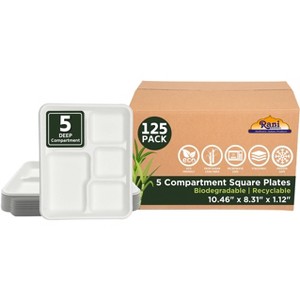5 Compartment Square Biodegradable Divided Plates - Pack of 125 - Rani Brand Authentic Indian Products - 1 of 4