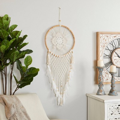 Cotton Macrame Handmade Intricately Woven Dreamcatcher Wall Decor with Beaded Fringe Tassels White - Olivia & May