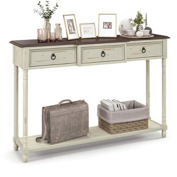 Costway Farmhouse Console Table Entryway Sideboard with 3 Drawers & Open Storage Shelf