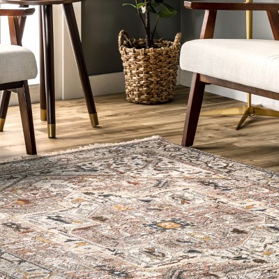 Elegant Light Brown Medallion Fringe 4' x 6' Synthetic Area Rug