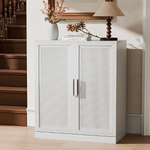 36 in. Tall Wood Grain Storage Cabinet in White, Storage Organizer with 2 Rattan Weave Doors for Bedroom Living/Dinning Room - 1 of 4