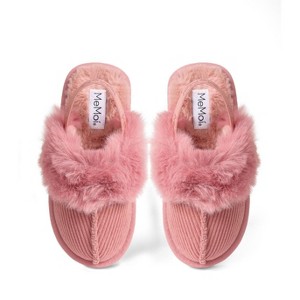 Memoi Girls Corduroy Microfiber & Fluffy Faux Fur Slipper Slide - 1 of 4