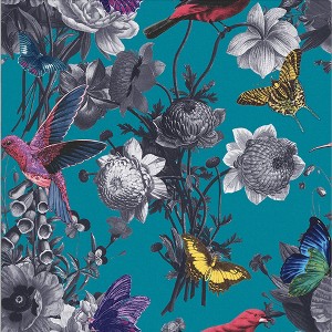 Jardin Teal Floral Birds Paste the Wall Wallpaper - 1 of 4