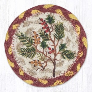 Earth Rugs Rustic Evergreen Holly & Berries Jute Coaster 5"x5" Handmade Festive Drink Mat - 1 of 3