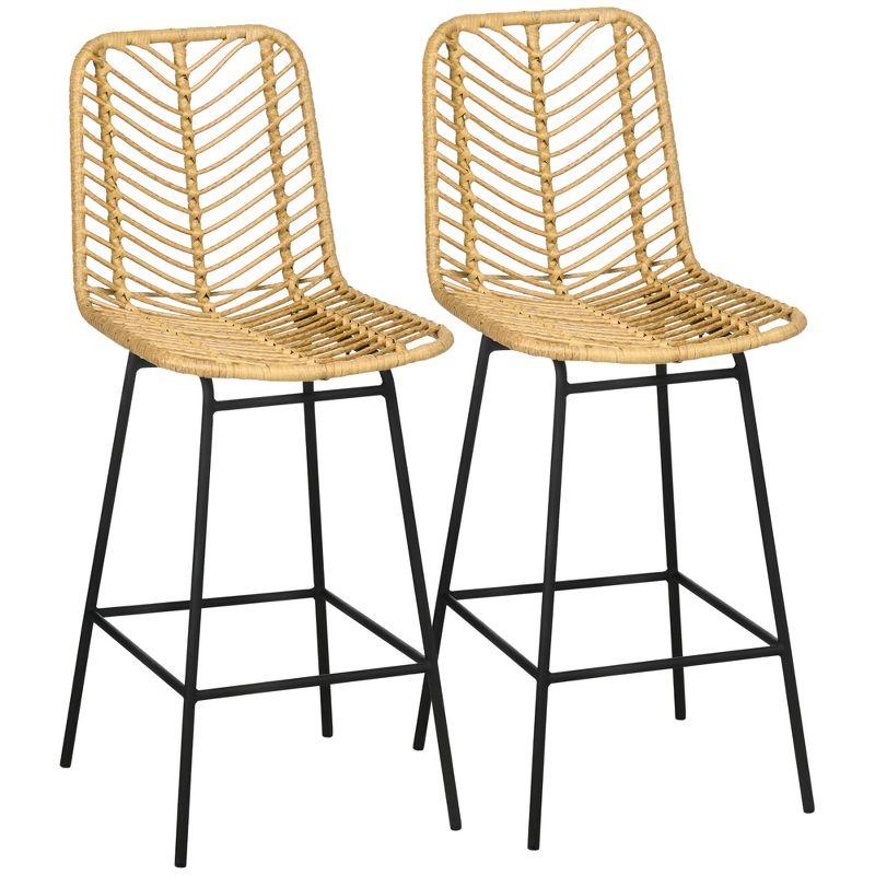HOMCOM Modern Rattan Bar Stools Set of 2, Breathable Steel-Base Wicker Counter Height Barstools for Kitchen Counter, Yellow, 1 of 7