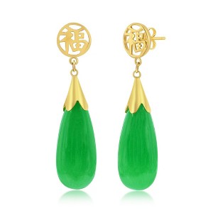 Classic Gold 14K Yellow Gold, Teardrop 'Good Luck' Jade Dangle Earrings - Green - 1 of 2