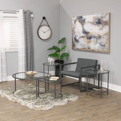 Round Pewter Metal and Glass Nesting Coffee Table Set