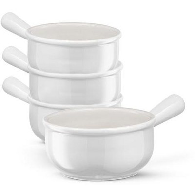 White Ceramic French Onion Soup Crocks with Handles, Set of 4