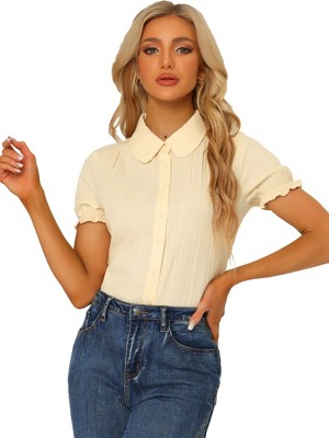 INSPIRE CHIC Women's Short Sleeve Button Down Peter Pan Collar Blouse