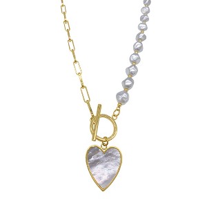 Adornia 14k Gold Plated Pearl and Chain Heart Toggle Necklace - 1 of 4