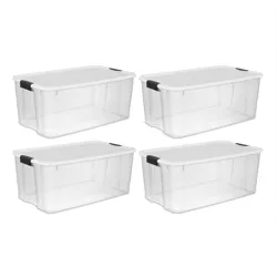 Sterilite Storage System Solution with 116 Quart Clear Stackable Storage Box Organization Containers with White Latching Lid, 4 Pack