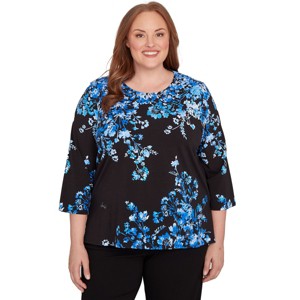 Floral Asymmetric Three Quarter Sleeve Top - 1 of 4