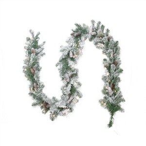 Northlight Pre-lit Flocked Victoria Pine Artificial Christmas Garland - 9' x 8" - Clear Lights - 1 of 3