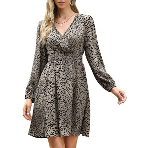 Women's Long Sleeve Smocked Mini Dress Leopard Print Waist Wrap V Neck Chiffon Casual Work Party Dress - 1 of 4