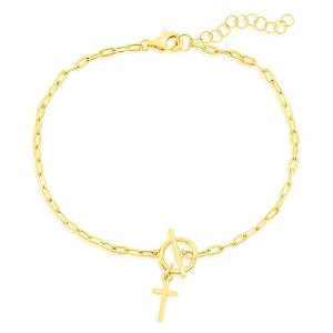 Bella Silver Sterling Silver Cross Charm Paperclip Toggle Bracelet - Gold Plated - Gold - 6.5+1 Inch - 1 of 2