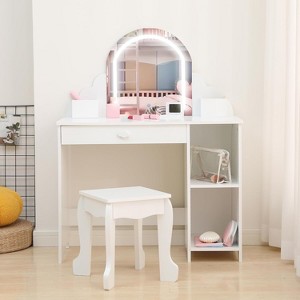 Kids Vanity with Mirror & Stool, Kids Makeup, Little Girls Vanity with Storage Drawer & Shelves for Girls 3-9 - 1 of 4