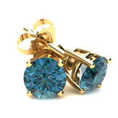 Pompeii3 .75Ct Round Brilliant Cut Heat Treated Blue Diamond Stud Earrings in 14K Gold Basket Setting