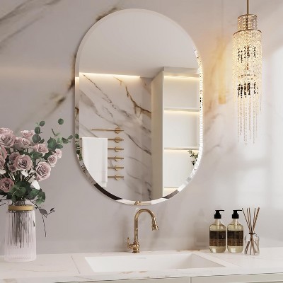 Oval Frameless Bathroom Mirror with Beveled Edge, Decorative Wall Mirror for Vanity and Bathroom