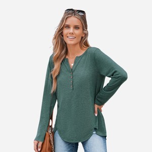 Women's Slub Knit Long Sleeve Henley Tee Top -Cupshe - 1 of 4