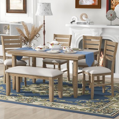 CAVINAS Dining Table Set for 6 Rustic Wood Dining Room Table and Chairs with Bench for Kitchen