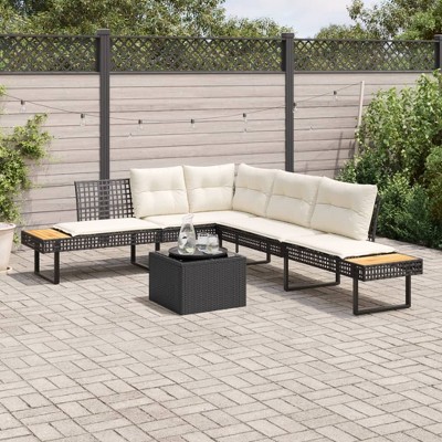 vidaXL 2 Piece Patio Sofa Set with Cushions Black Poly Rattan and Glass - Non-Adjustable tabletop