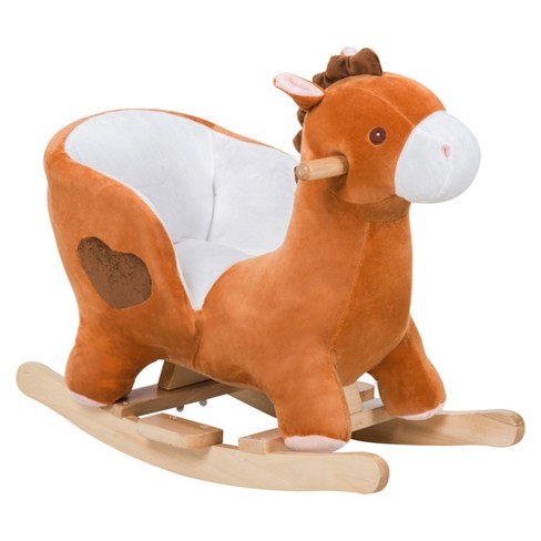 Qaba Kids Ride On Rocking Horse Plush Animal Toy Sturdy Wooden Rocker with Songs for Boys or Girls