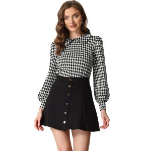 Allegra K Women's Peter Pan Collar Fashion Puff Long Sleeve Houndstooth Plaid Blouse - 1 of 4