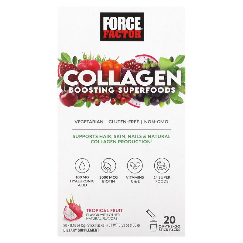 Force Factor Collagen Boosting Superfoods, Tropical Fruit, 20 Stick Packs, 0.18 oz (5 g) Each, 1 of 4