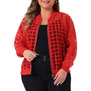 Women's Plus Size Hollow Out Long Sleeve Baseball Collar Zip Up Bomber Jackets - Agnes Orinda - 1 of 4