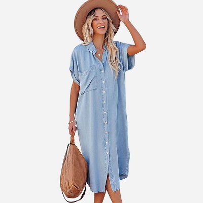 Women's Denim Short Sleeve Button Down Dress - Cupshe : Target