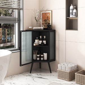 Akoasm 22.25 Inch Bathroom Coner Storage Cabinet With Glass Doors & Shelf-Black - 1 of 4