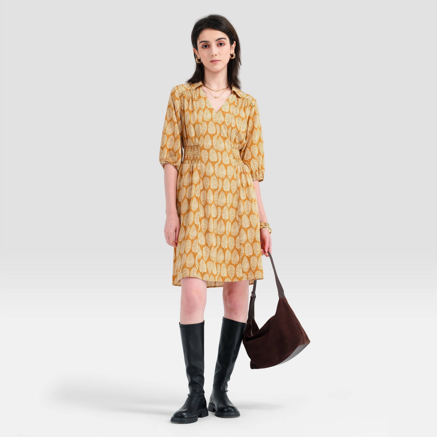 Женское платье A New Day Puff 3/4 Sleeve Smocked Waist Shirtdress, цвет: Жёлтый — фото 3