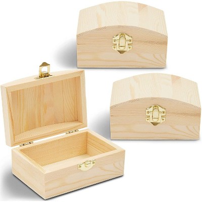 3-Pack Unfinished Wood Pine DIY Craft Keepsake Stash Box, Jewelry Storage Box Chest Treasure Case, Brown 4.7”x3.2”x2.5”