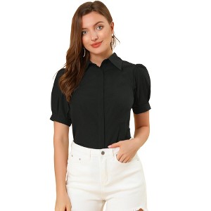 Allegra K Women's Puff Short Sleeve Collared Cotton Office Button Down Shirt - 1 of 4