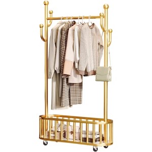 Hall Tree Coat Tree Hanging Rack, Shoe Rack Organizer,Metal Laundry Hamper Clothes Storage Organizer with Lockable Wheels - 1 of 4
