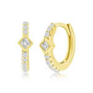 Bella Silver Sterling Silver 11MM Center Diamond-Shape CZ Huggie Hoop Earrings - Gold Plated - Gold - 1 of 2