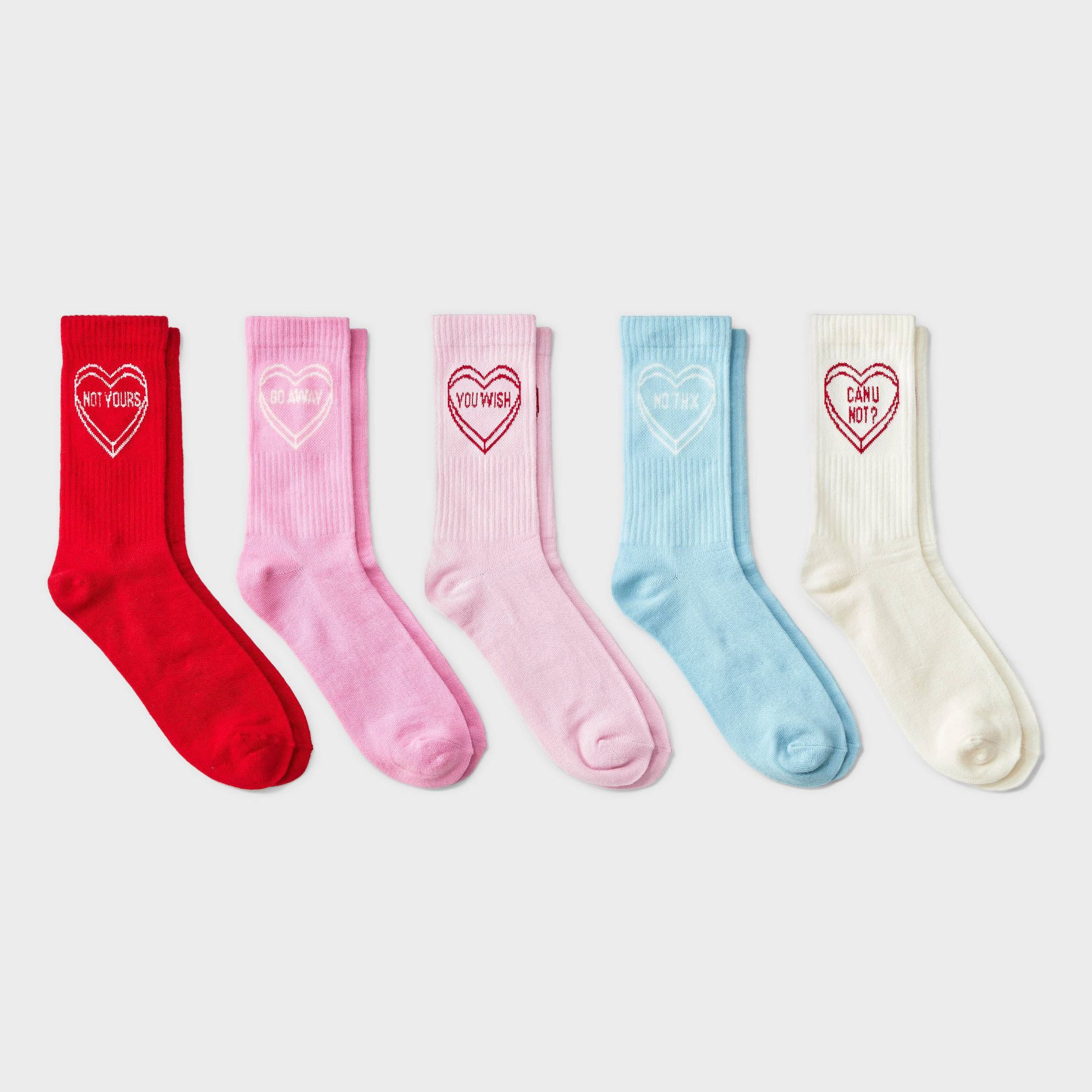 Women's 'Not Yours' Candy Heart Ribbed Valentine's Day 5pk Crew Socks - Wild Fable™ Assorted Colors 4-10