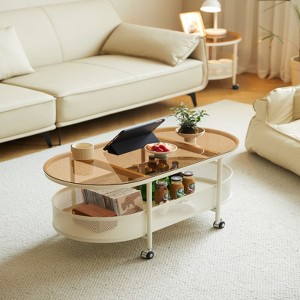 VYNXARIA Stylish Movable Oval Glass Coffee Table with Storage - 1 of 4