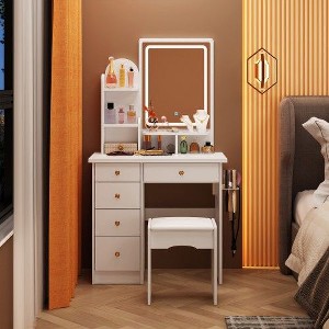 FUFU&GAGA Makeup Vanity Set with Mirror and Stool Drawer and Shelf - 1 of 4