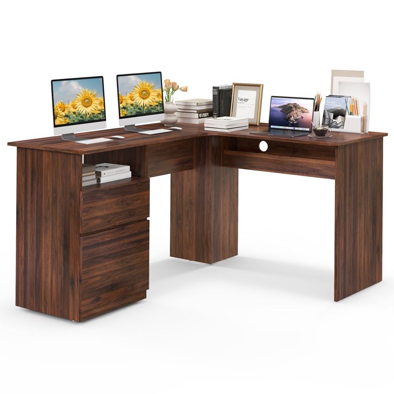 Costway L Shaped Computer Desk 59'' Corner Study Writing Desk with Open Compartment & 2 Cable Management Holes Walnut/White, 3 of 11