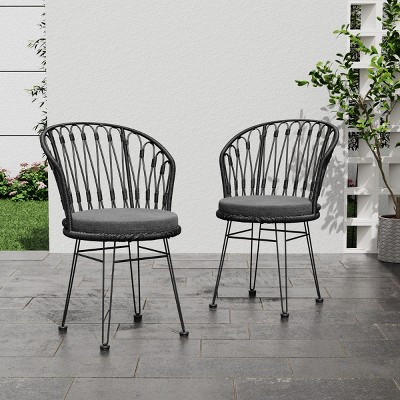 Boho Industrial Outdoor Dining Chairs - Set of 2, PE Rattan Wicker with Cushions, Weather-Resistant-Coolbibila