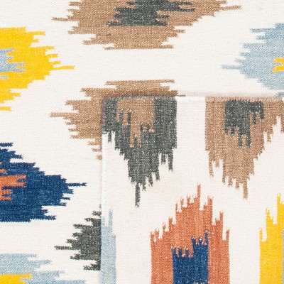 Ivory and Multicolor Geometric Wool Flat Woven Rug, 3' x 5'