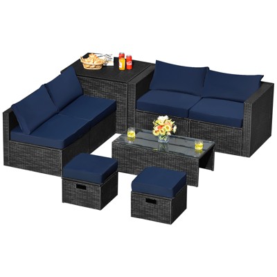 Tangkula 8PCS Patio Conversation Set Sectional Sofa Set, All-Weather PE Rattan, Tempered Glass Table & Washable Cushion Covers