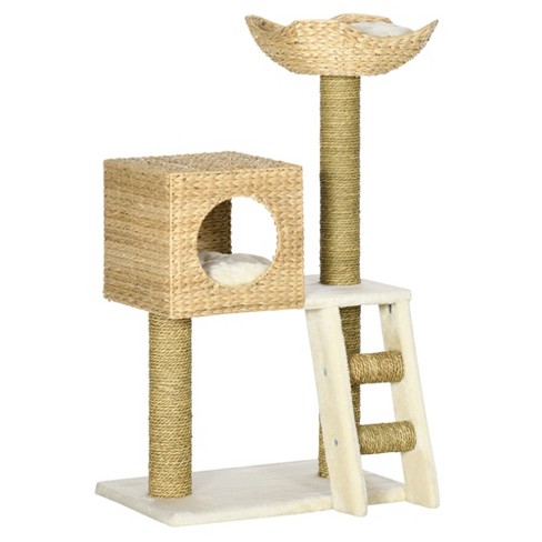 PawHut Cattail Weave Cat Tree for Indoor Cats Kitty Tower with Rattan Cat Condo Wicker Bed Ladder Washable Cushions 22.5 x 14.5 x 39.5