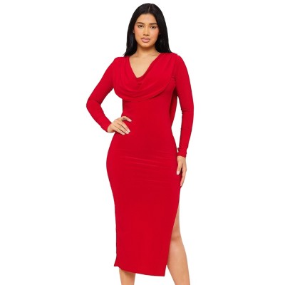 Slickblue Women's Cowl Neck Midi Dress, Long Sleeve with Low Back and Tie Neck, Royal Blue/Red/Black, Size S-L