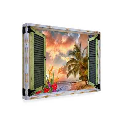 Tropical Window to Paradise IV 24x32 Green and Tan Canvas Print