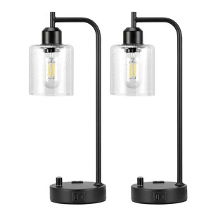 Itopfox Industrial Table Lamps Set of 2 - Dimmable Bedside Lamps with USB A/C Ports & Outlet, Black Nightstand Lamps with Glass Shade for Living Room - 1 of 4
